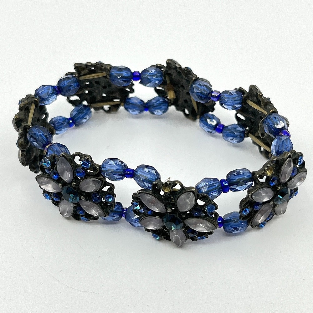 Vintage Style Blue Crystal Flower Stretch Bracelet Antique Bronze Tone‎ Boho Y2K